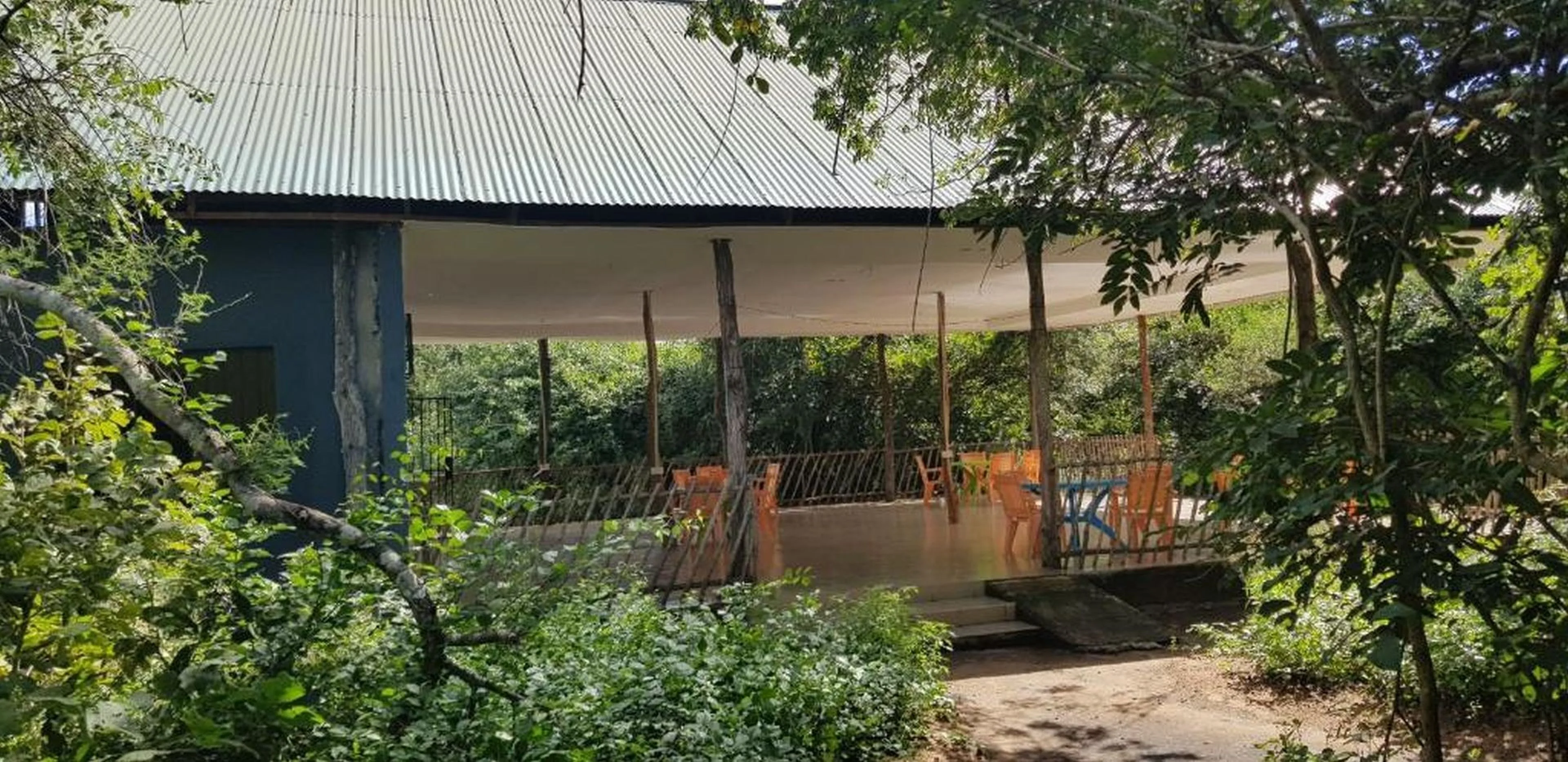 Covered common area surrounded by vegetation