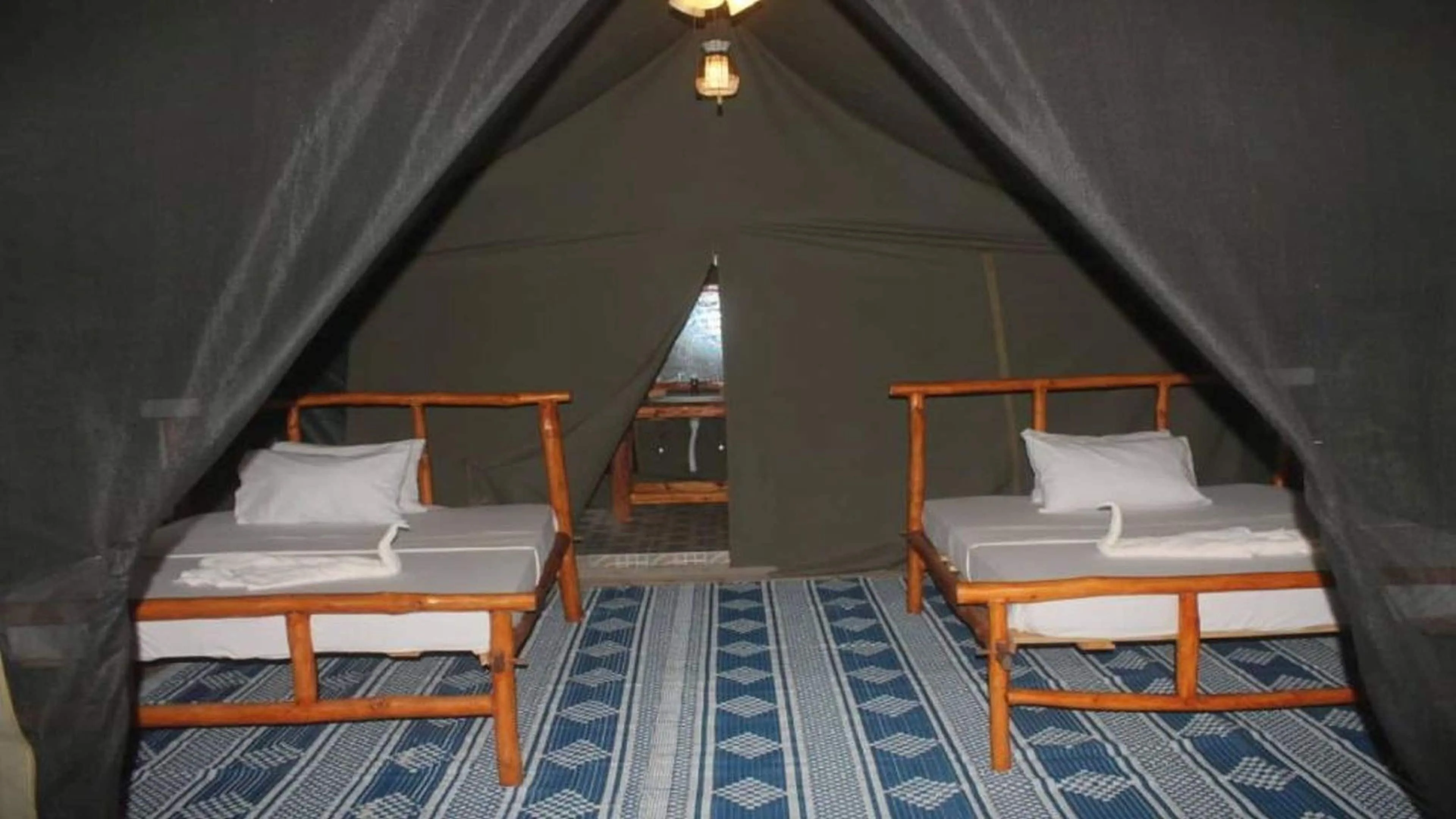 Tent interior with two beds