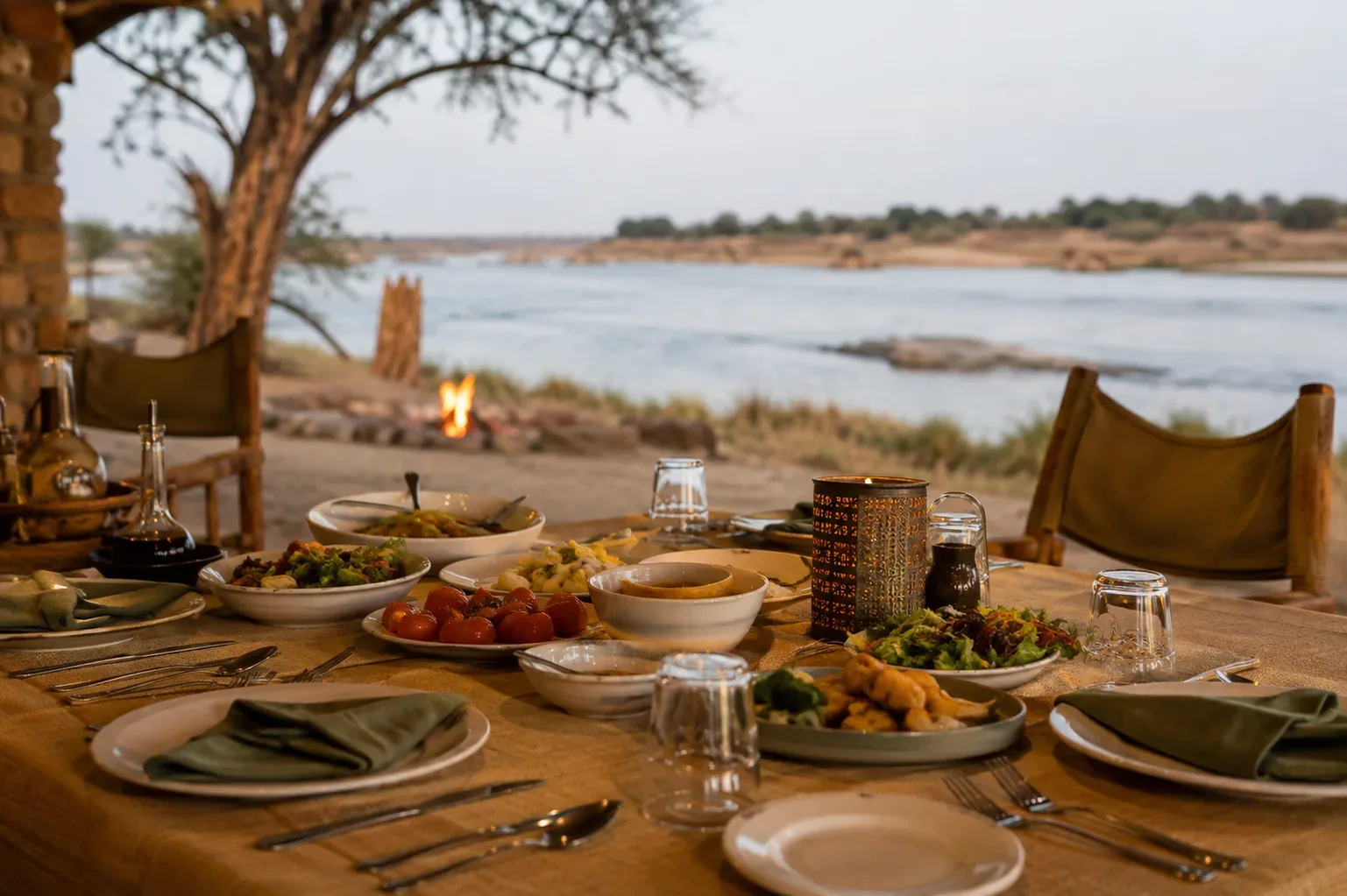 Dining table set outdoors beside the river